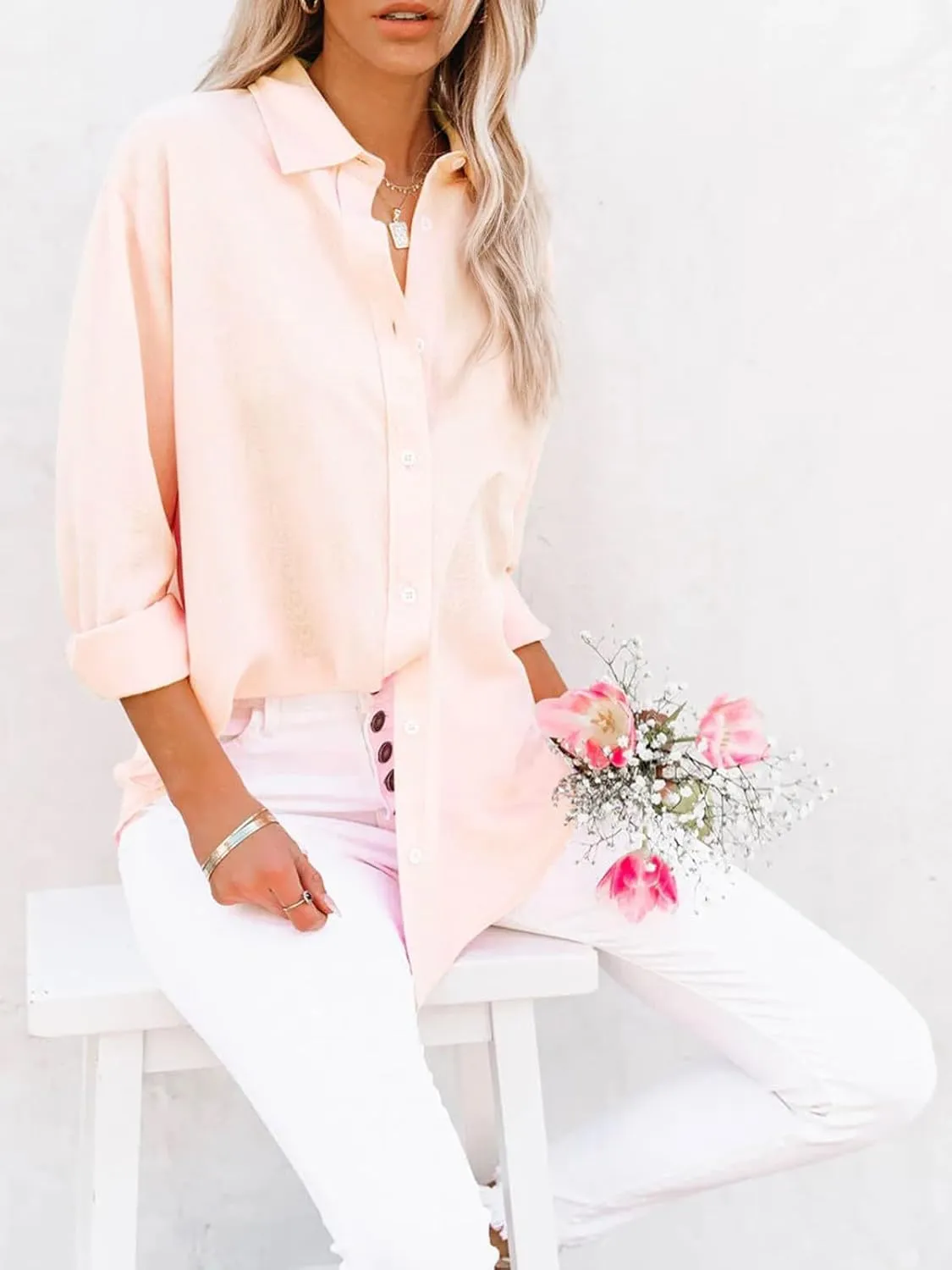 siliteelon Button Down Shirts for Women Dress Shirts Long Sleeve Wrinkle-Free Blouse Casual Solid Office Work Tunic Top
