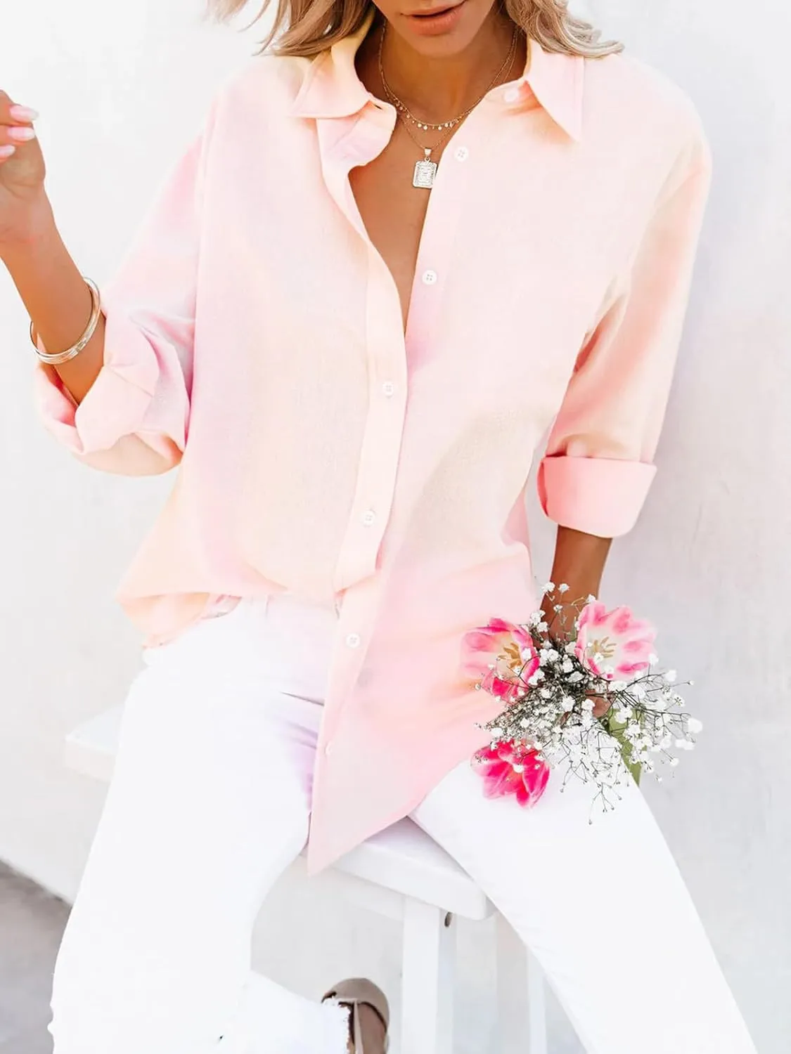 siliteelon Button Down Shirts for Women Dress Shirts Long Sleeve Wrinkle-Free Blouse Casual Solid Office Work Tunic Top