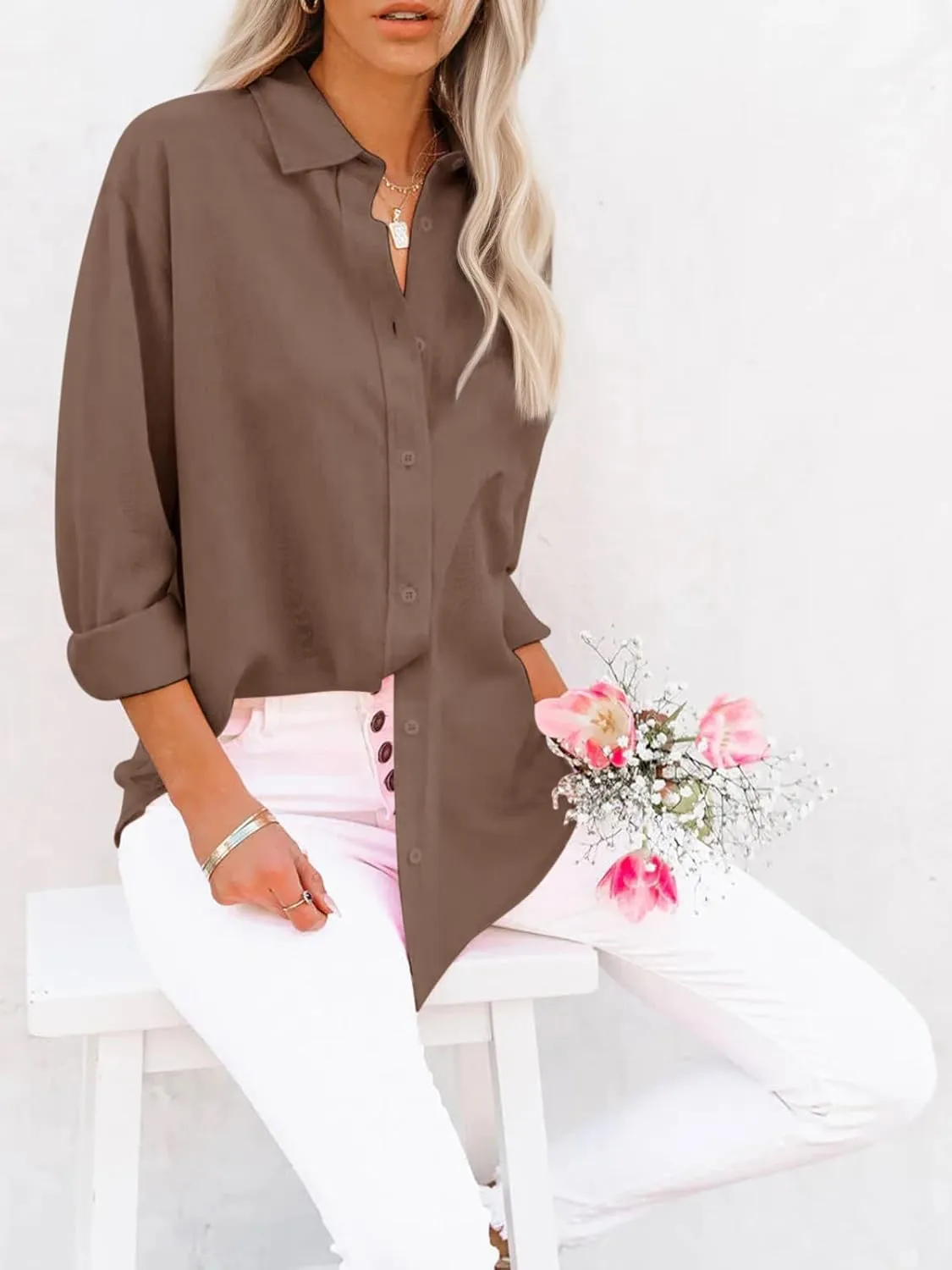 siliteelon Button Down Shirts for Women Dress Shirts Long Sleeve Wrinkle-Free Blouse Casual Solid Office Work Tunic Top
