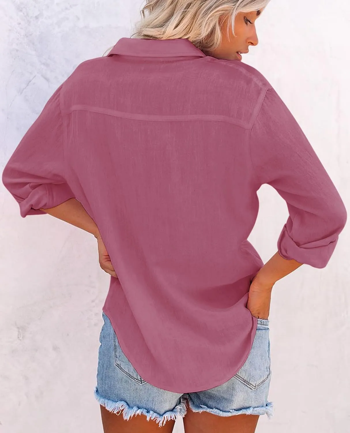 siliteelon Womens Button Down Shirts Cotton Dress Shirts Long Sleeve Blouses V Neck Solid Casual Tunics Tops with Pockets