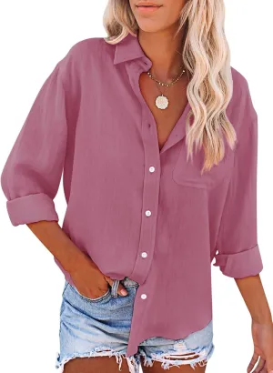 siliteelon Womens Button Down Shirts Cotton Dress Shirts Long Sleeve Blouses V Neck Solid Casual Tunics Tops with Pockets