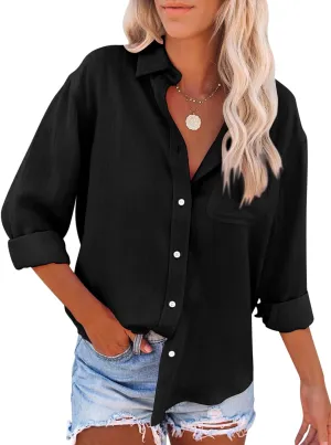 siliteelon Womens Button Down Shirts Cotton Dress Shirts Long Sleeve Blouses V Neck Solid Casual Tunics Tops with Pockets