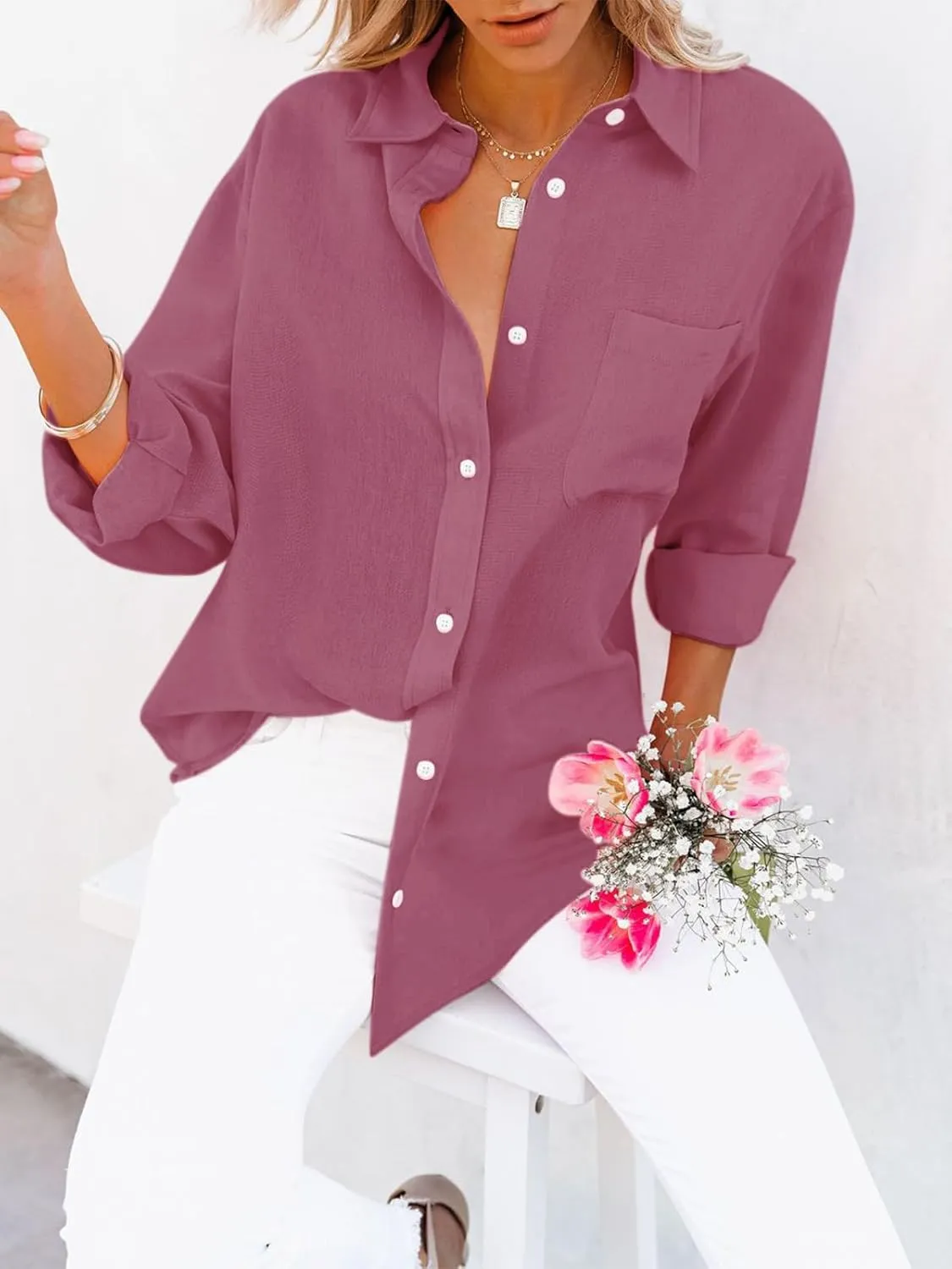 siliteelon Womens Button Down Shirts Cotton Dress Shirts Long Sleeve Blouses V Neck Solid Casual Tunics Tops with Pockets