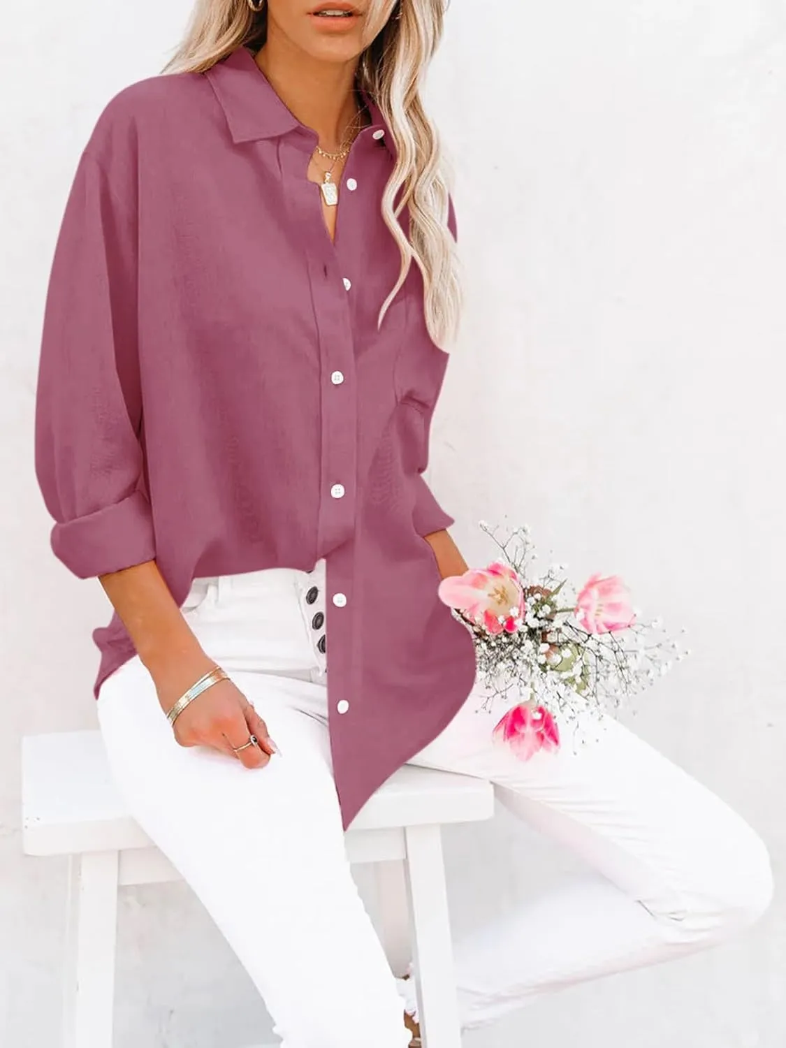 siliteelon Womens Button Down Shirts Cotton Dress Shirts Long Sleeve Blouses V Neck Solid Casual Tunics Tops with Pockets