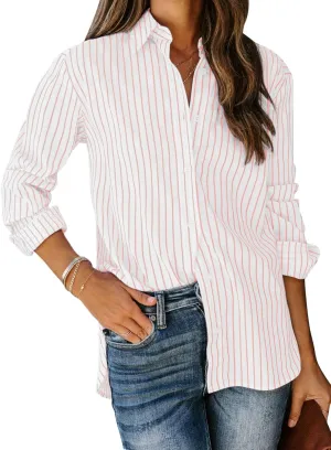 siliteelon Womens Button Down Shirts Cotton Striped Dress Shirt Long Sleeve Collared Office Work Blouses Tops