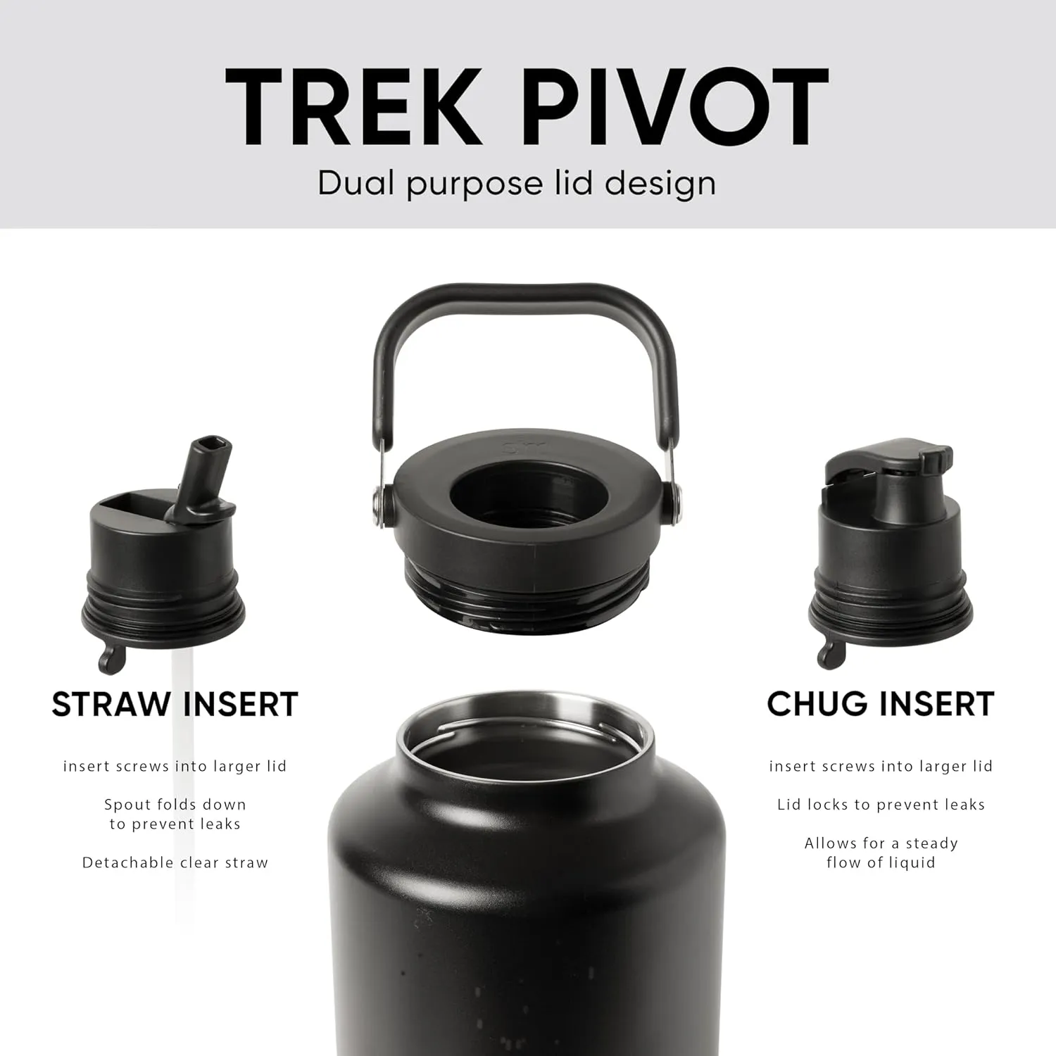 Simple Modern Trek Pivot | Gallon Water Bottle Jug with Handle & Boot | Interchangeable Straw & Chug Lids | Large Insulated Stainless Steel | Sports Camping Outdoors | 128oz, Midnight Black