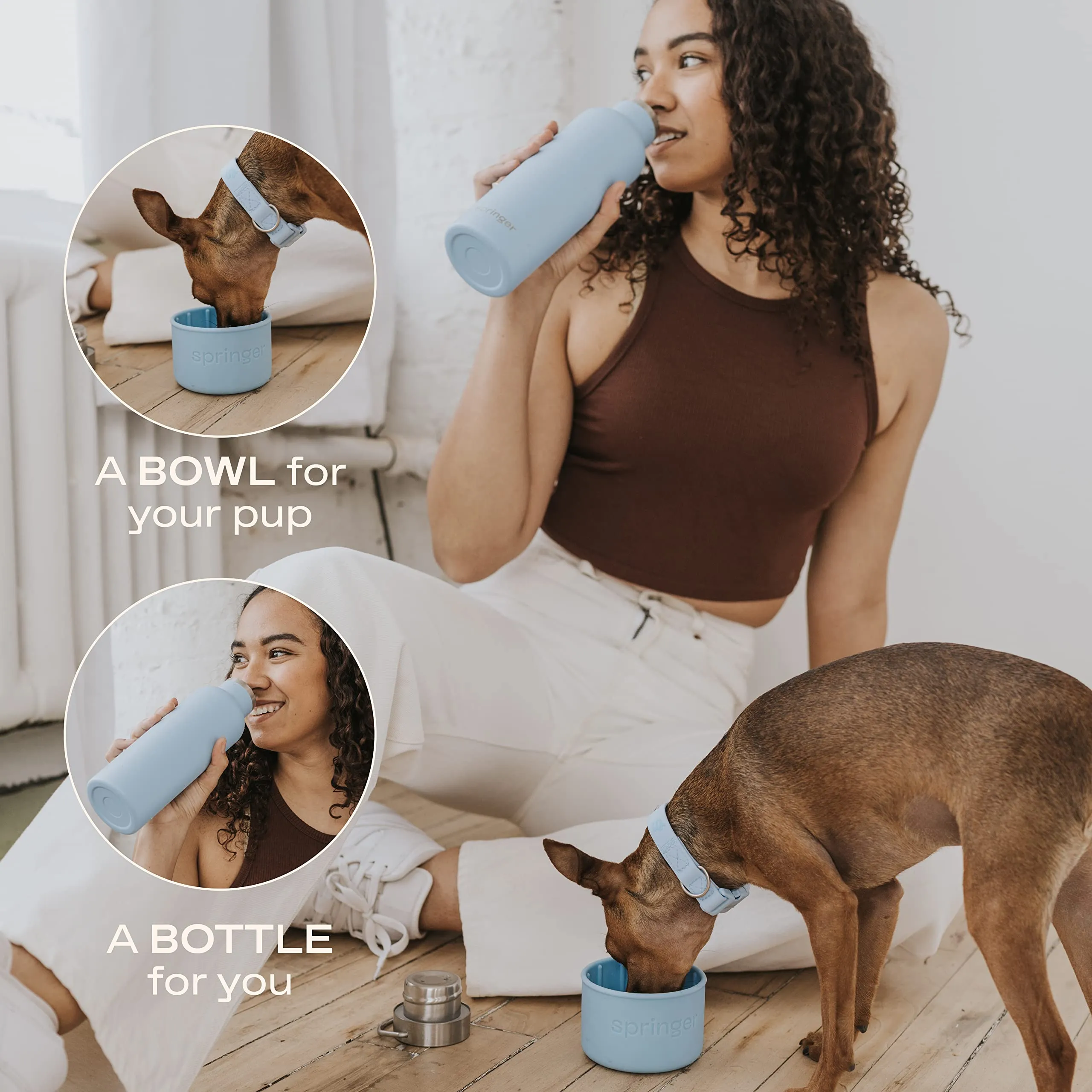 Springer Dog and Me 24oz Stainless Steel Insulated Water Bottle - Cold for 12  Hours – Portable Dog Water Bottle with Integrated Travel Water Bowl for Dogs, Portable Dog Water Bottle – White
