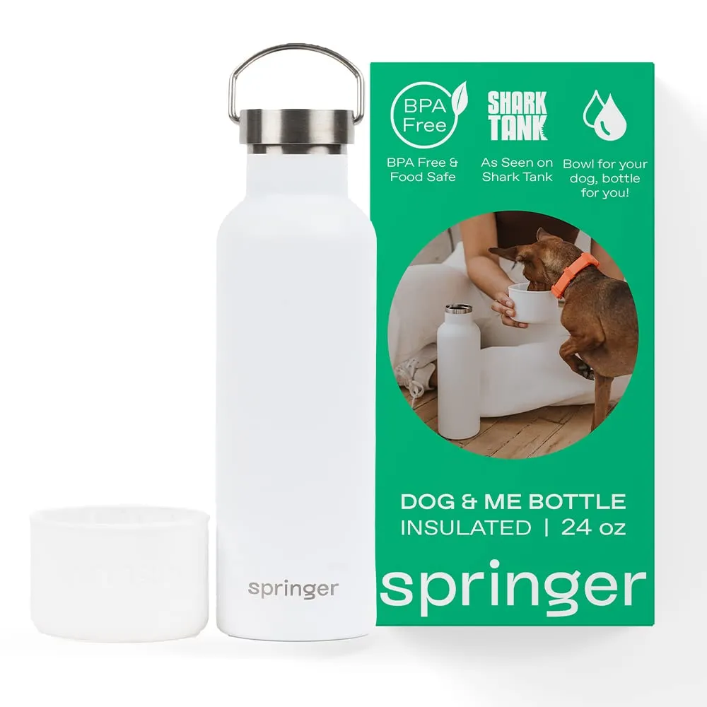Springer Dog and Me 24oz Stainless Steel Insulated Water Bottle - Cold for 12  Hours – Portable Dog Water Bottle with Integrated Travel Water Bowl for Dogs, Portable Dog Water Bottle – White