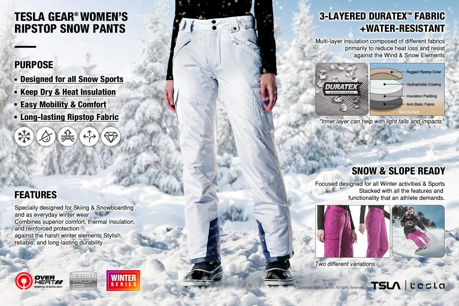 TSLA Women's Winter Snow Pants, Waterproof Insulated Ski Pants, Ripstop Snowboard Bottoms