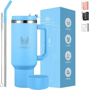 Tumbler with Handle and Straw 40oz | Leakproof Lid | Cup Holder Compatible Travel Mug | Vacuum Insulated Stainless Steel Cup | BPA-Free | Straw Cleaner & Silicone Boot Included (Sky Blue)