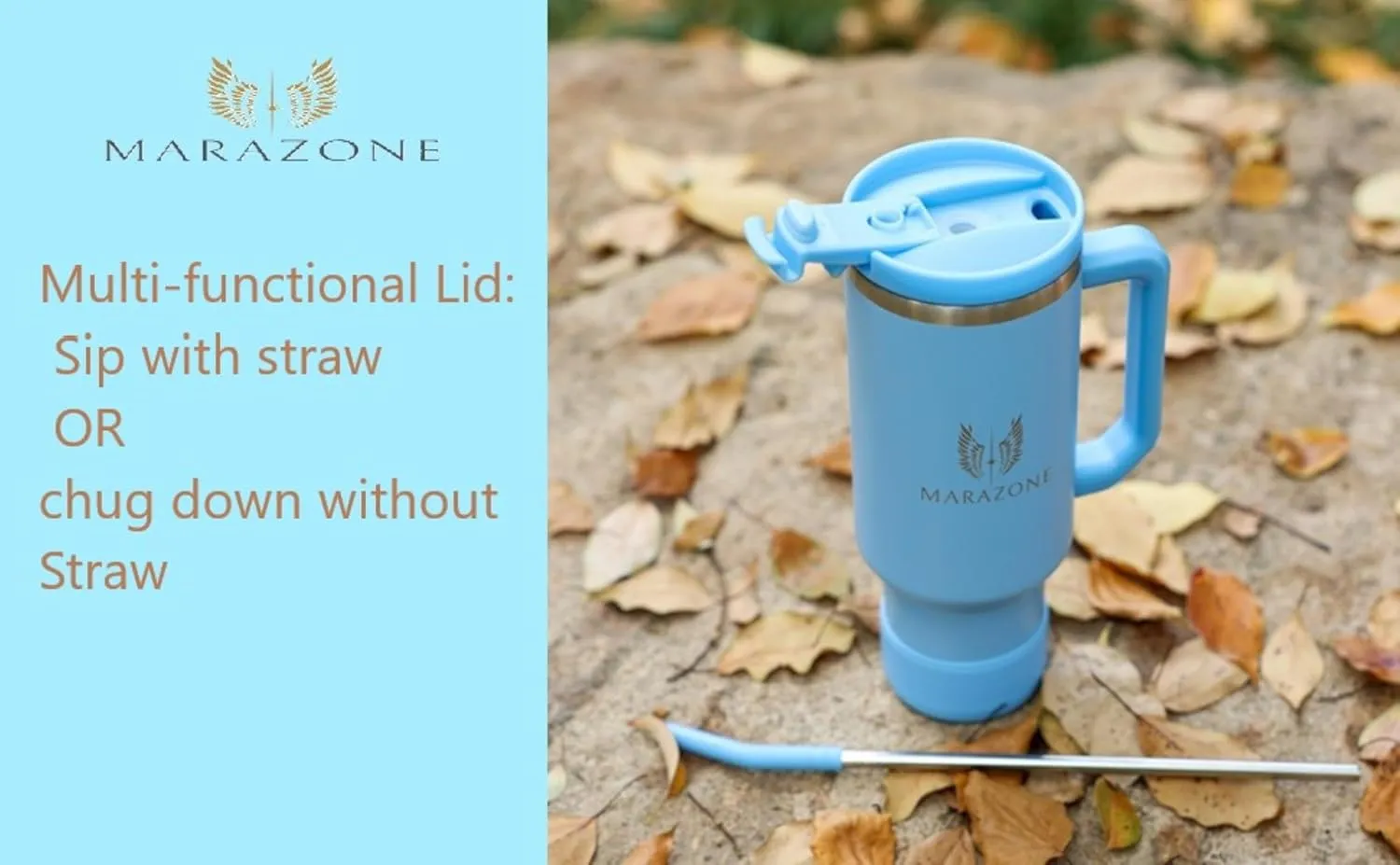 Tumbler with Handle and Straw 40oz | Leakproof Lid | Cup Holder Compatible Travel Mug | Vacuum Insulated Stainless Steel Cup | BPA-Free | Straw Cleaner & Silicone Boot Included (Sky Blue)
