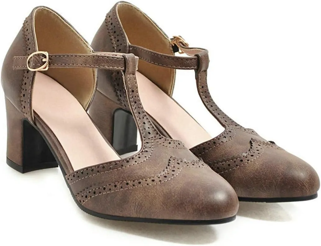 VOKLIN Women's Classic T-Strap Mary Jane Pump Oxford Round Toe Chunky Block Heel Vintage Brogues Dress Shoes