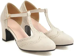 VOKLIN Women's Classic T-Strap Mary Jane Pump Oxford Round Toe Chunky Block Heel Vintage Brogues Dress Shoes
