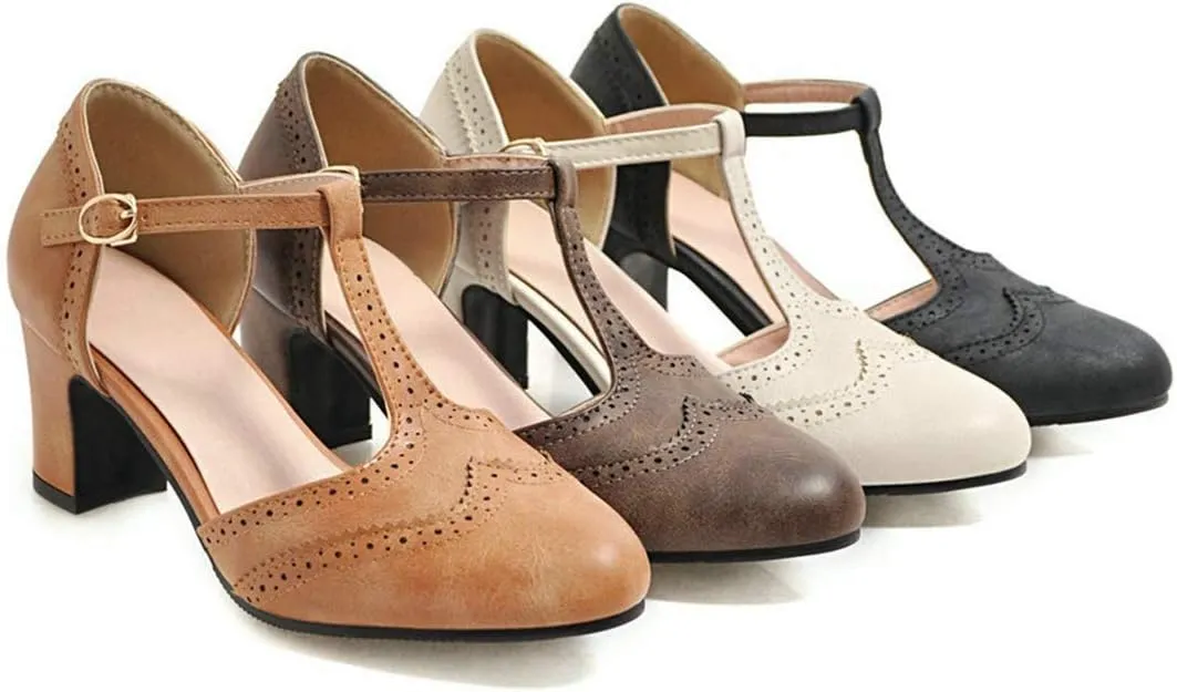 VOKLIN Women's Classic T-Strap Mary Jane Pump Oxford Round Toe Chunky Block Heel Vintage Brogues Dress Shoes