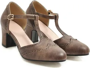 VOKLIN Women's Classic T-Strap Mary Jane Pump Oxford Round Toe Chunky Block Heel Vintage Brogues Dress Shoes
