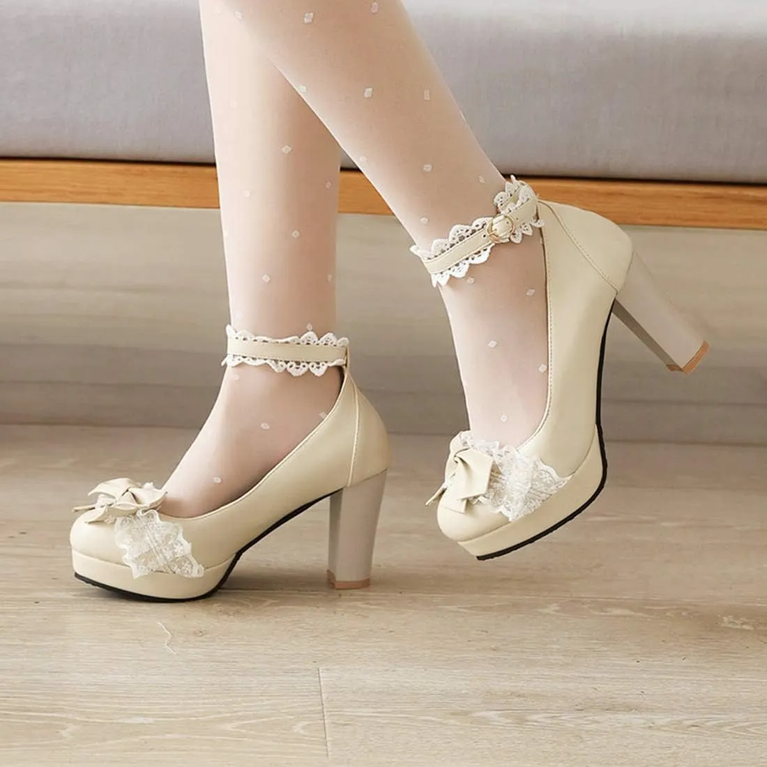 VOKLIN Women's Girls Lolita Platform Mary Jane Pumps Sweet Bow Ankle Strap Block High Heel Oxford Dress Shoes