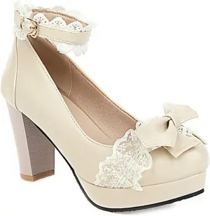 VOKLIN Women's Girls Lolita Platform Mary Jane Pumps Sweet Bow Ankle Strap Block High Heel Oxford Dress Shoes