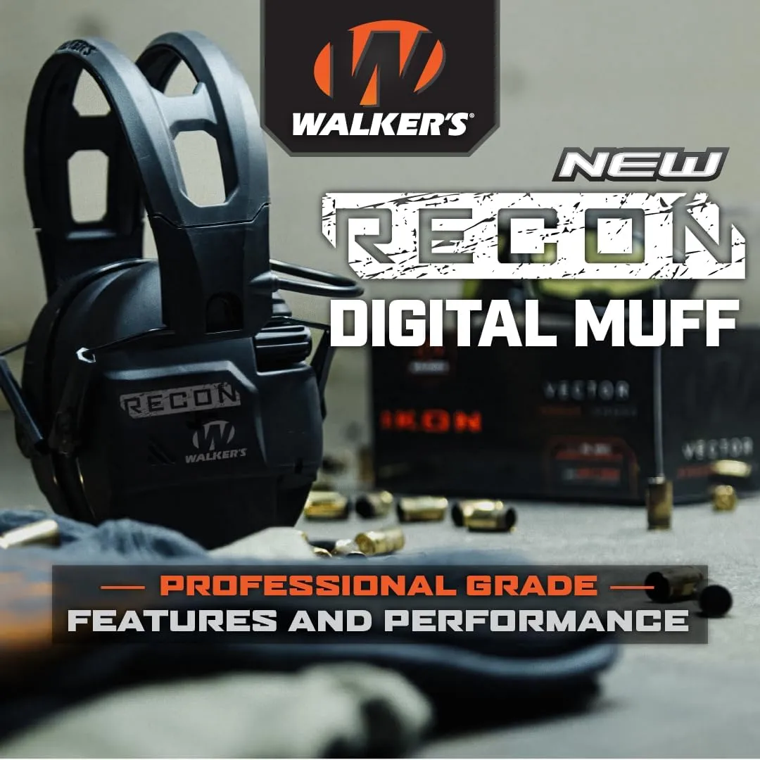 Walker's Recon Digital Muffs - Durable IPX4 Resistant Shooting Hearing Protection Electronic Muffs, 2 AAA Batteries Included