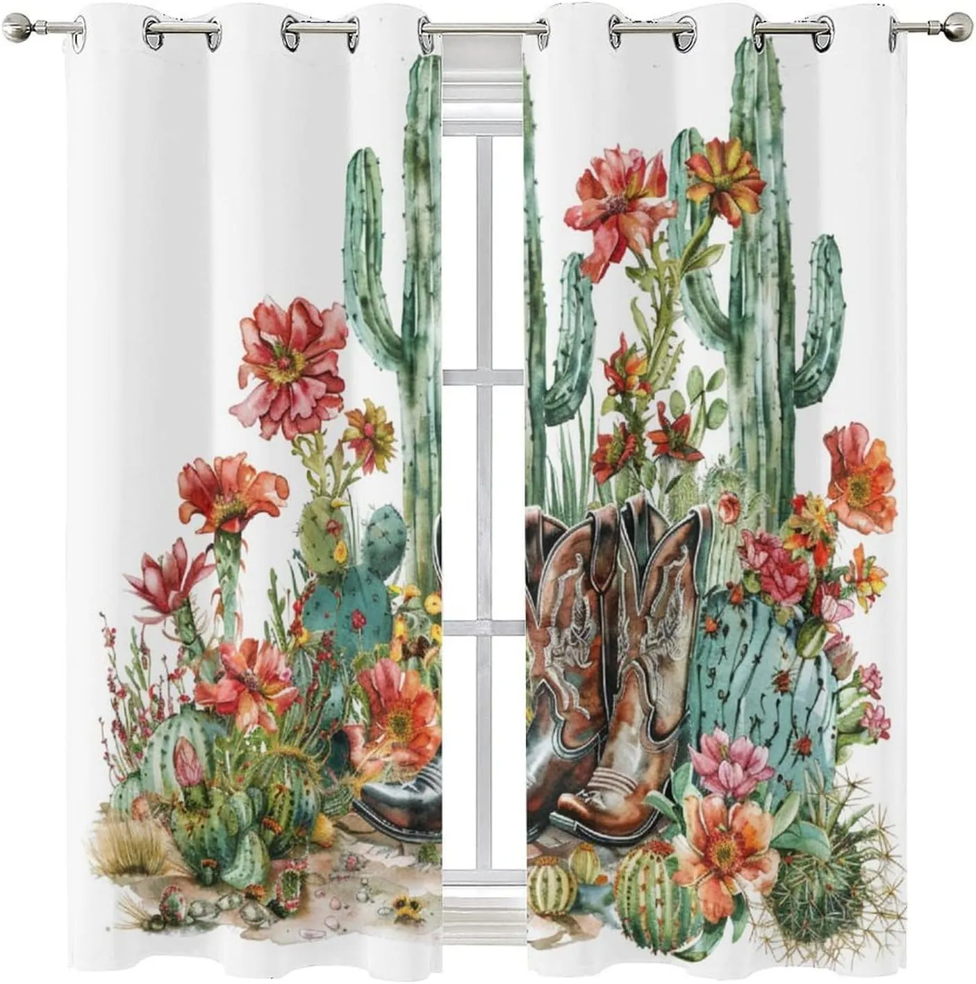 Western Cowboy Boot Grommet Blackout Curtains for Bedroom, Cactus Floral Botanical Thermal Insulated Curtains Room Darkening Window Drapes, 21W x 63L, 2 Panels