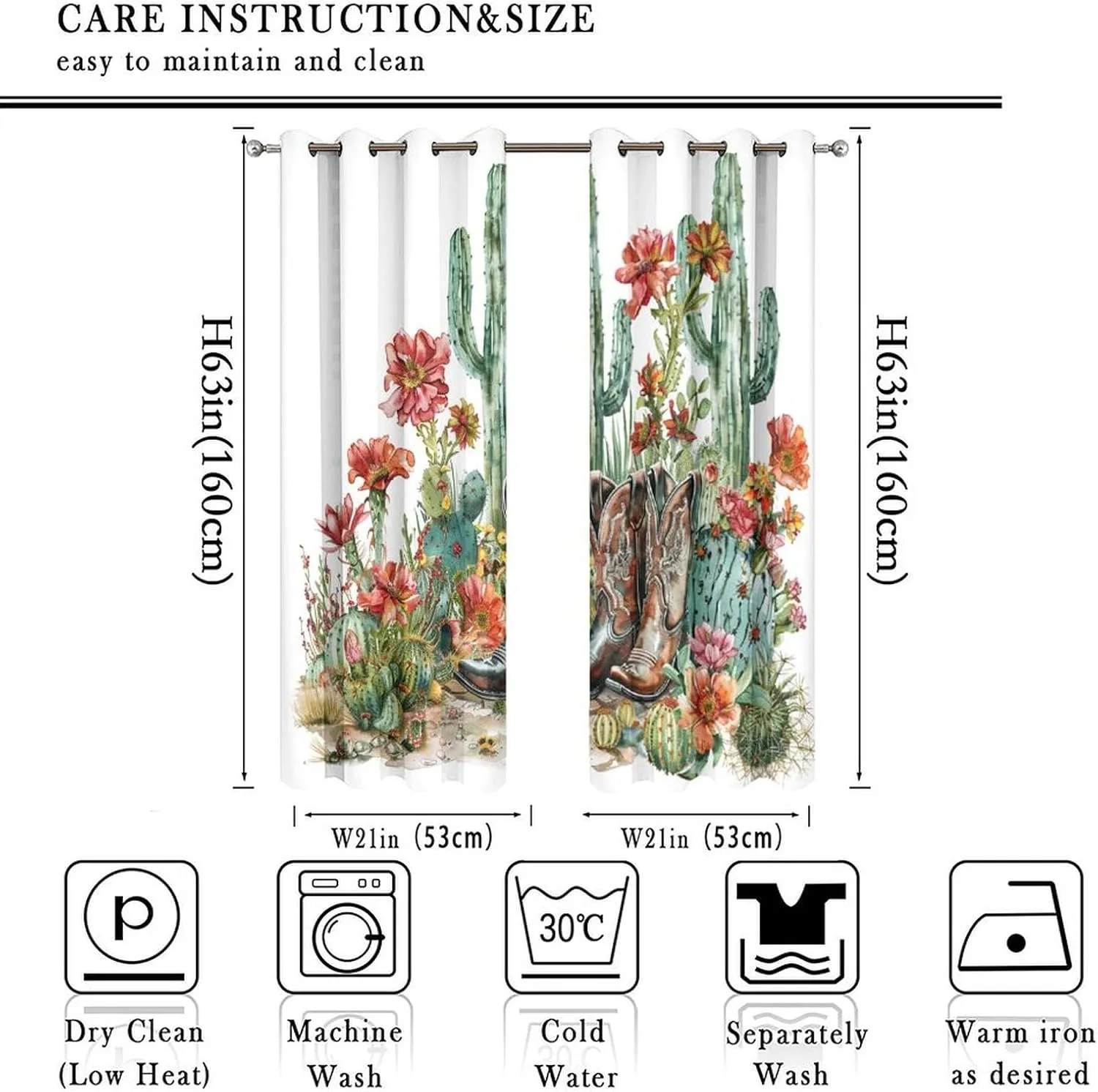 Western Cowboy Boot Grommet Blackout Curtains for Bedroom, Cactus Floral Botanical Thermal Insulated Curtains Room Darkening Window Drapes, 21W x 63L, 2 Panels