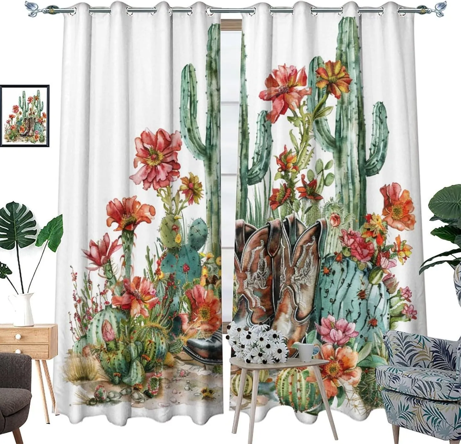 Western Cowboy Boot Grommet Blackout Curtains for Bedroom, Cactus Floral Botanical Thermal Insulated Curtains Room Darkening Window Drapes, 21W x 63L, 2 Panels