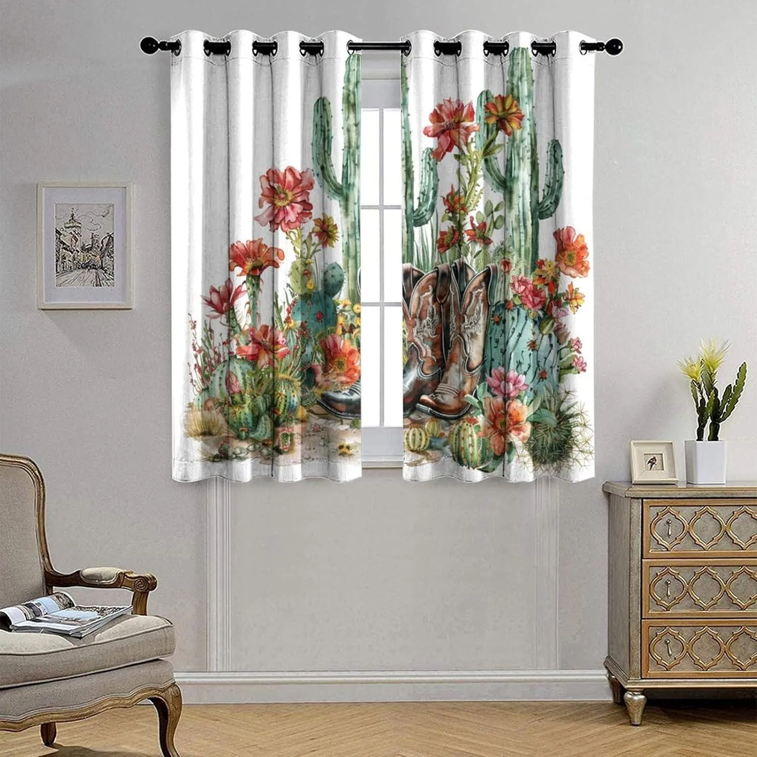 Western Cowboy Boot Grommet Blackout Curtains for Bedroom, Cactus Floral Botanical Thermal Insulated Curtains Room Darkening Window Drapes, 21W x 63L, 2 Panels