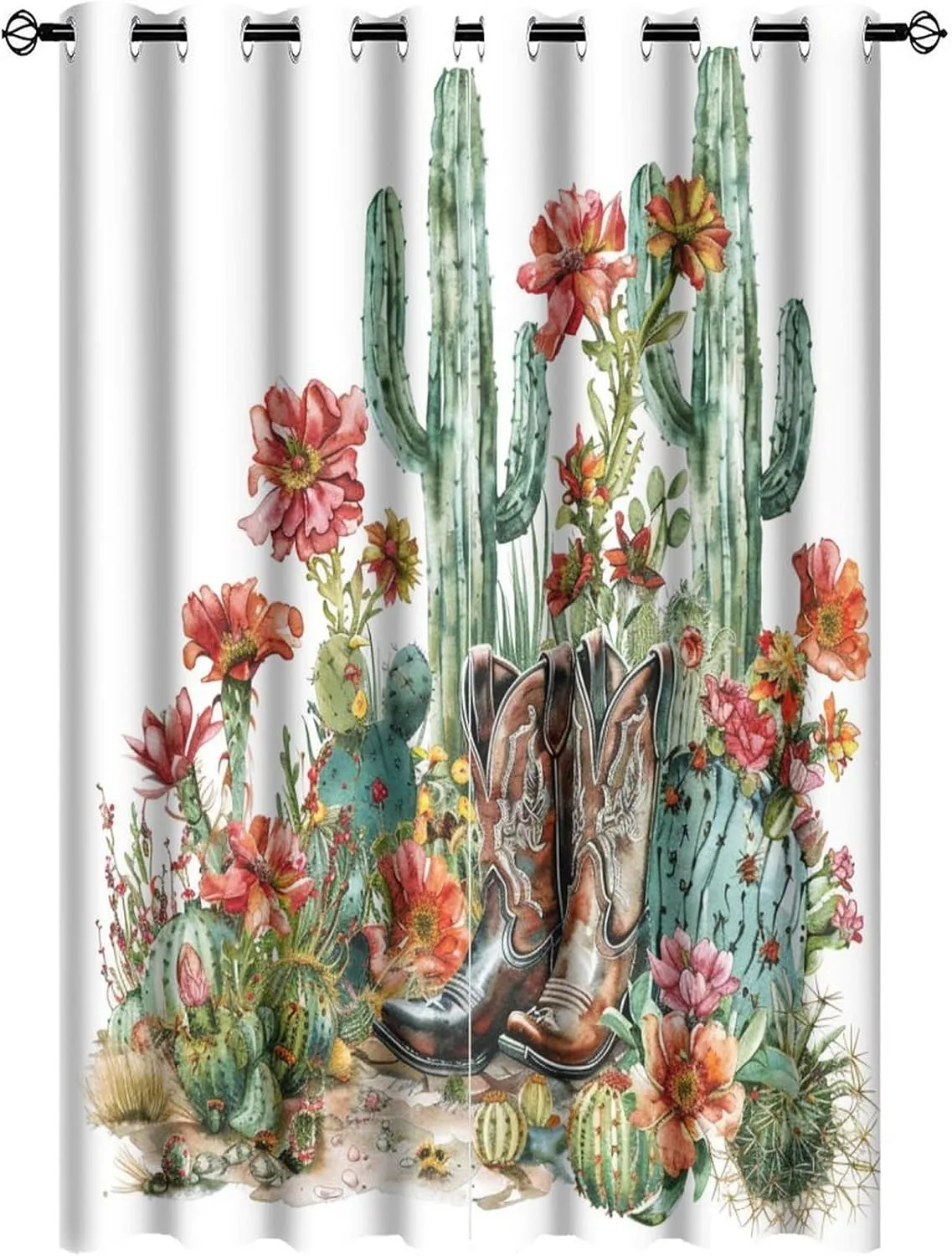 Western Cowboy Boot Grommet Blackout Curtains for Bedroom, Cactus Floral Botanical Thermal Insulated Curtains Room Darkening Window Drapes, 21W x 63L, 2 Panels
