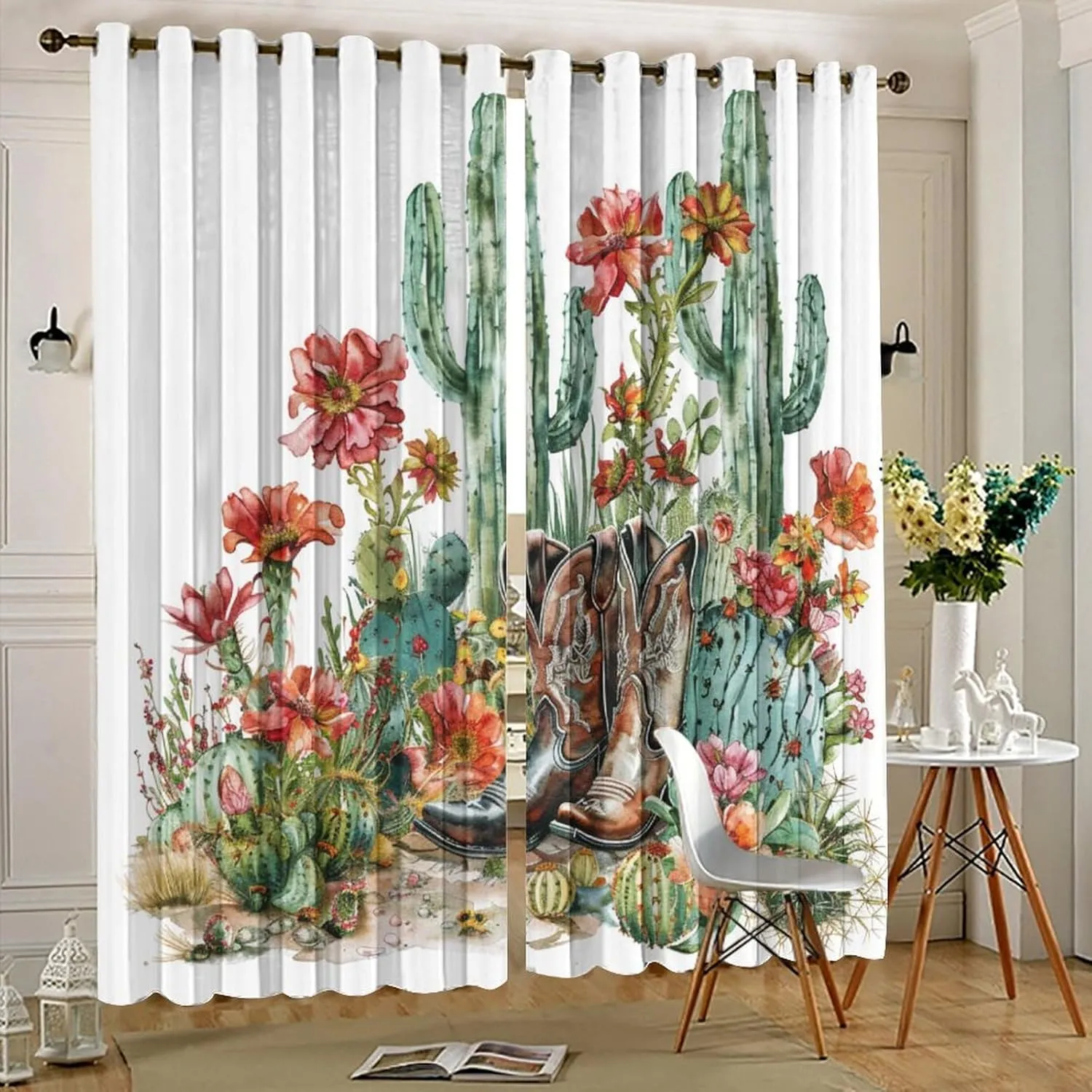 Western Cowboy Boot Grommet Blackout Curtains for Bedroom, Cactus Floral Botanical Thermal Insulated Curtains Room Darkening Window Drapes, 21W x 63L, 2 Panels