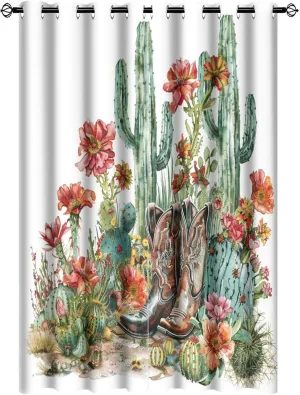 Western Cowboy Boot Grommet Blackout Curtains for Bedroom, Cactus Floral Botanical Thermal Insulated Curtains Room Darkening Window Drapes, 21W x 63L, 2 Panels