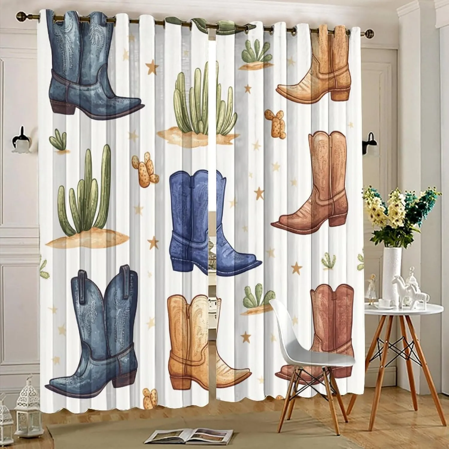 Western Cowboy Boot Grommet Blackout Curtains for Bedroom, Cactus Leaf Botanical Thermal Insulated Curtains Room Darkening Window Drapes, 21W x 54L, 2 Panels