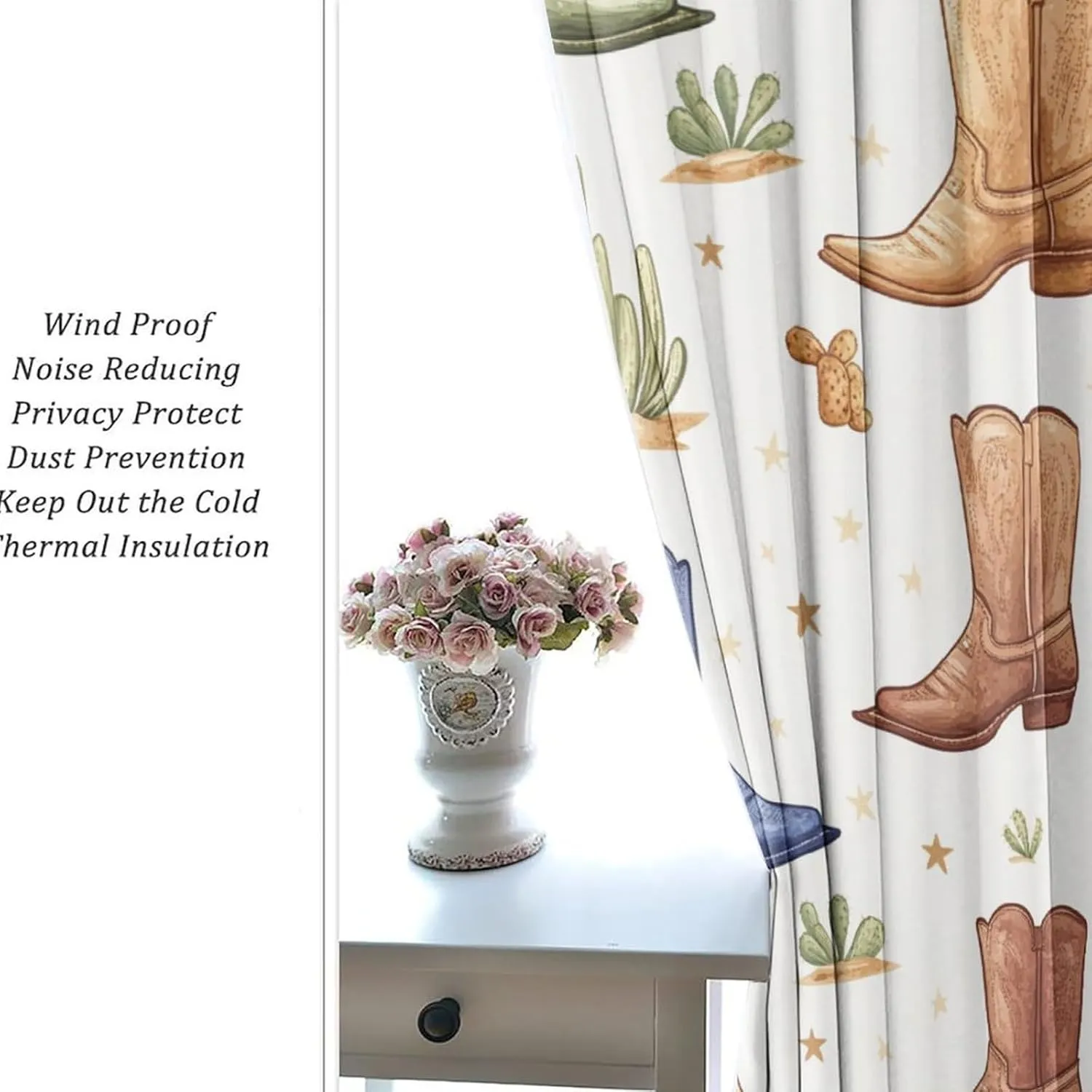 Western Cowboy Boot Grommet Blackout Curtains for Bedroom, Cactus Leaf Botanical Thermal Insulated Curtains Room Darkening Window Drapes, 21W x 54L, 2 Panels