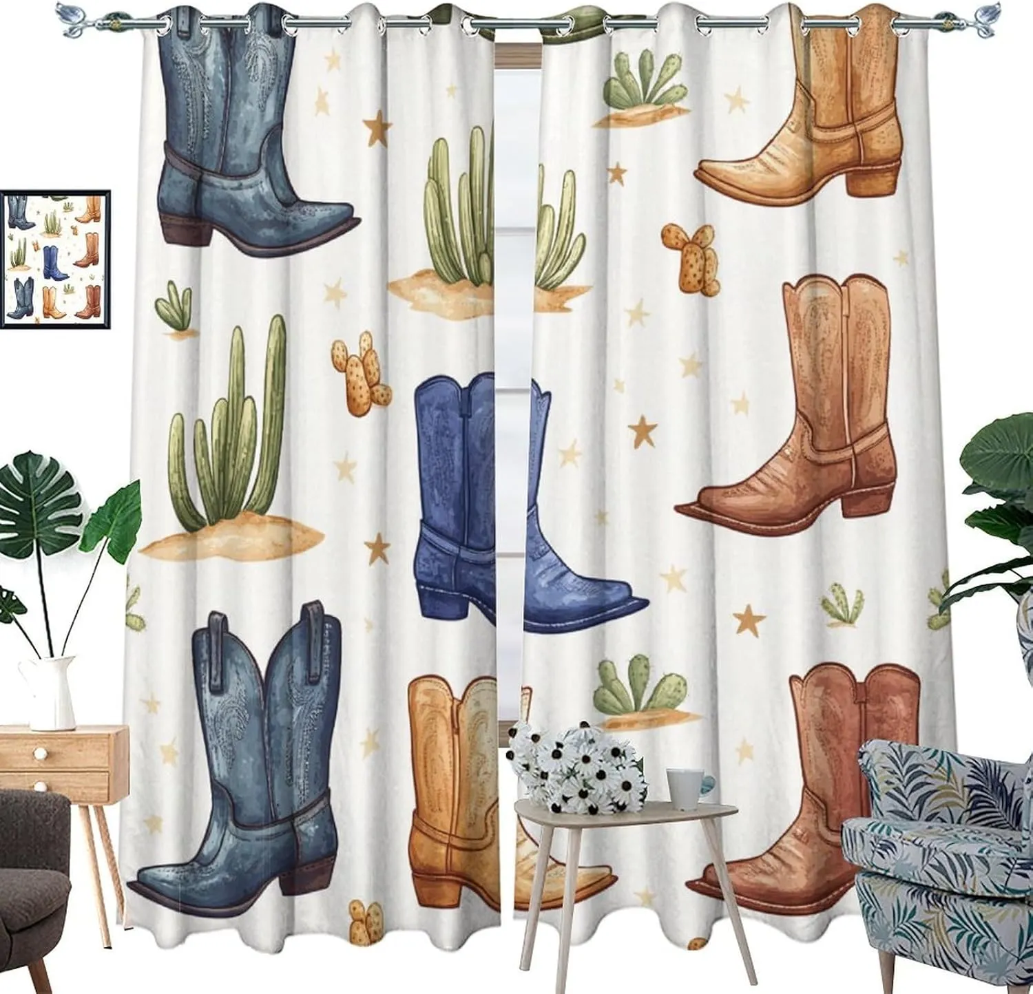 Western Cowboy Boot Grommet Blackout Curtains for Bedroom, Cactus Leaf Botanical Thermal Insulated Curtains Room Darkening Window Drapes, 21W x 54L, 2 Panels