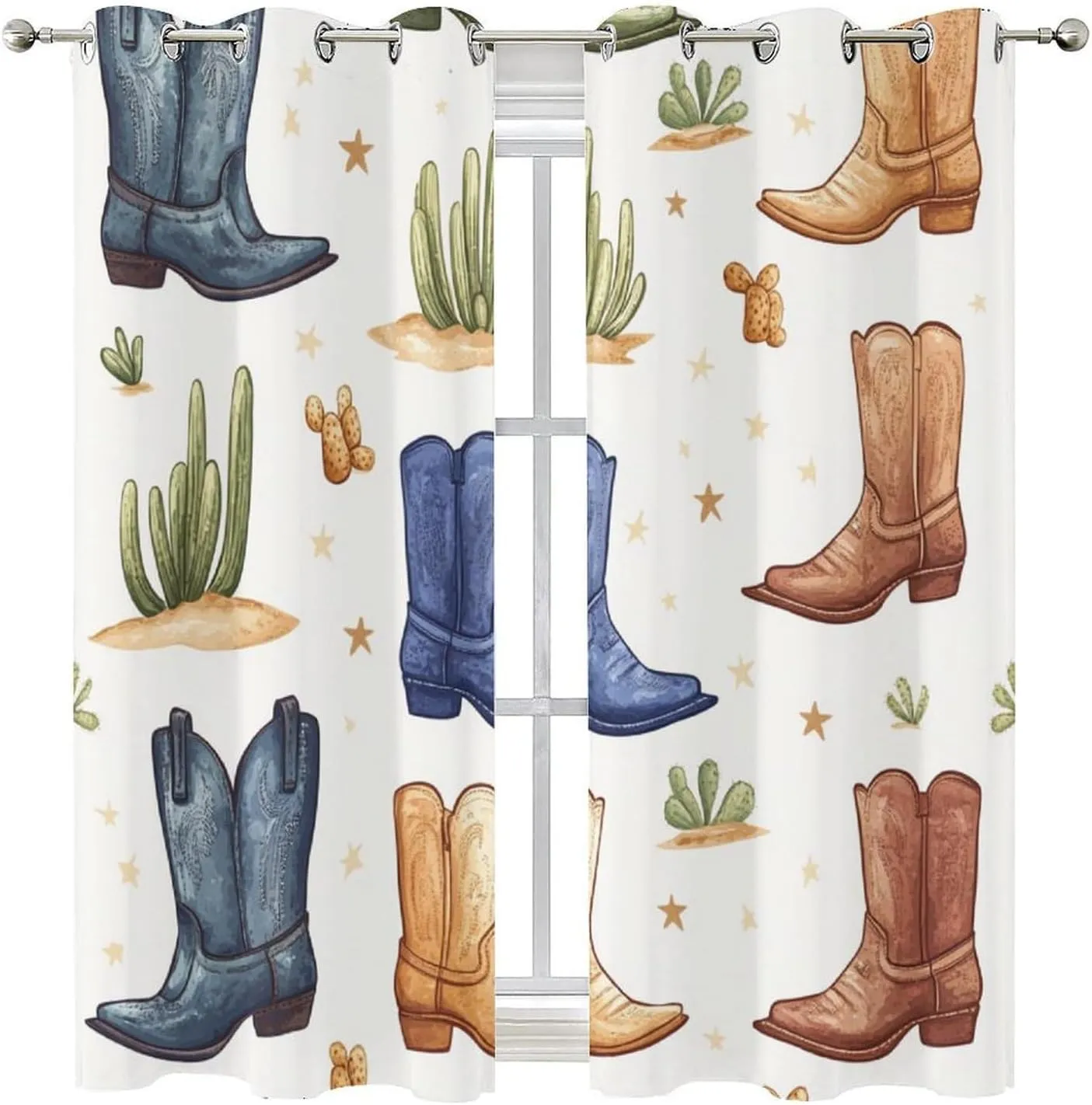 Western Cowboy Boot Grommet Blackout Curtains for Bedroom, Cactus Leaf Botanical Thermal Insulated Curtains Room Darkening Window Drapes, 21W x 54L, 2 Panels
