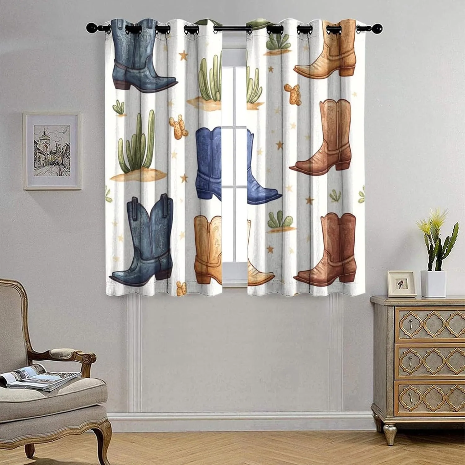 Western Cowboy Boot Grommet Blackout Curtains for Bedroom, Cactus Leaf Botanical Thermal Insulated Curtains Room Darkening Window Drapes, 21W x 54L, 2 Panels