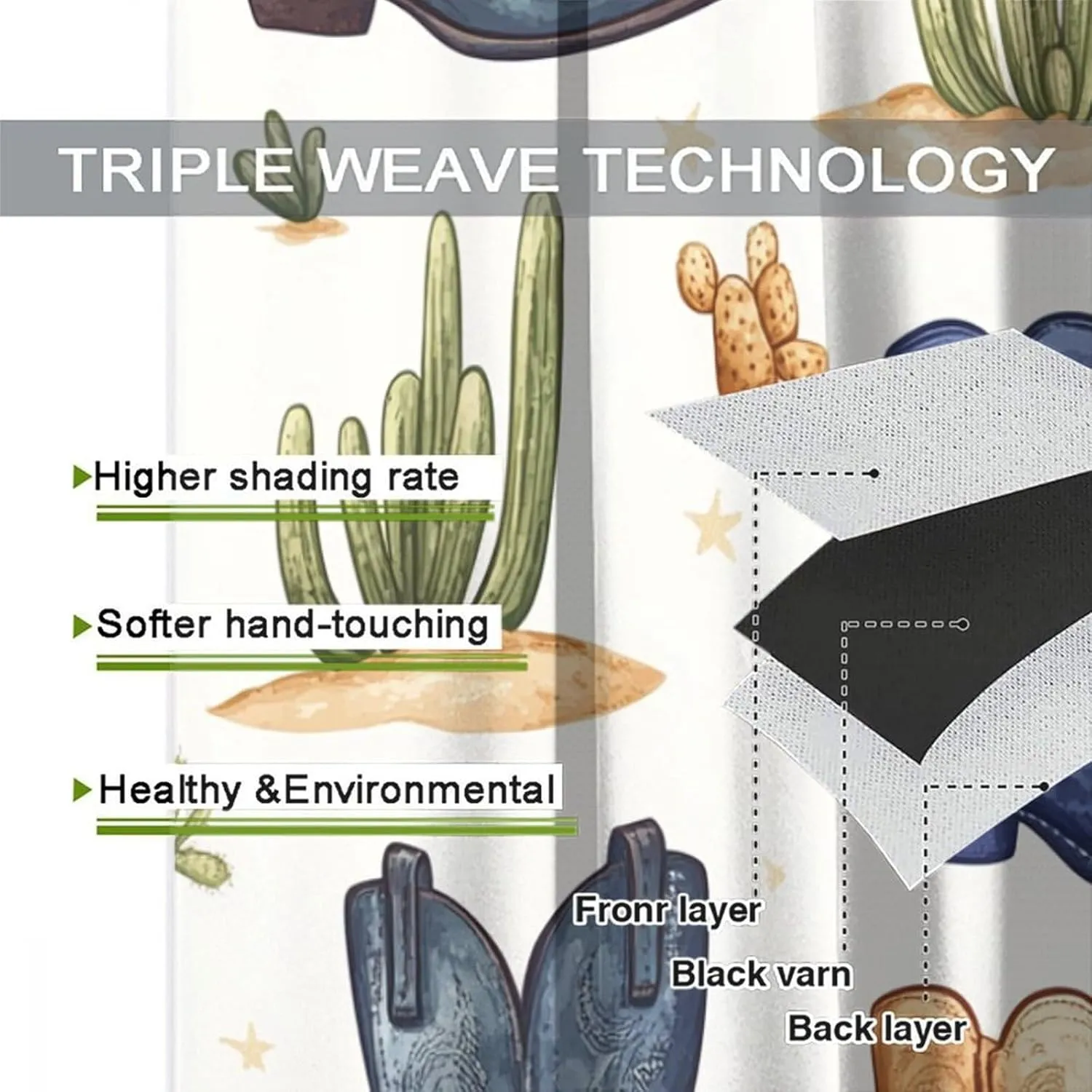 Western Cowboy Boot Grommet Blackout Curtains for Bedroom, Cactus Leaf Botanical Thermal Insulated Curtains Room Darkening Window Drapes, 21W x 54L, 2 Panels