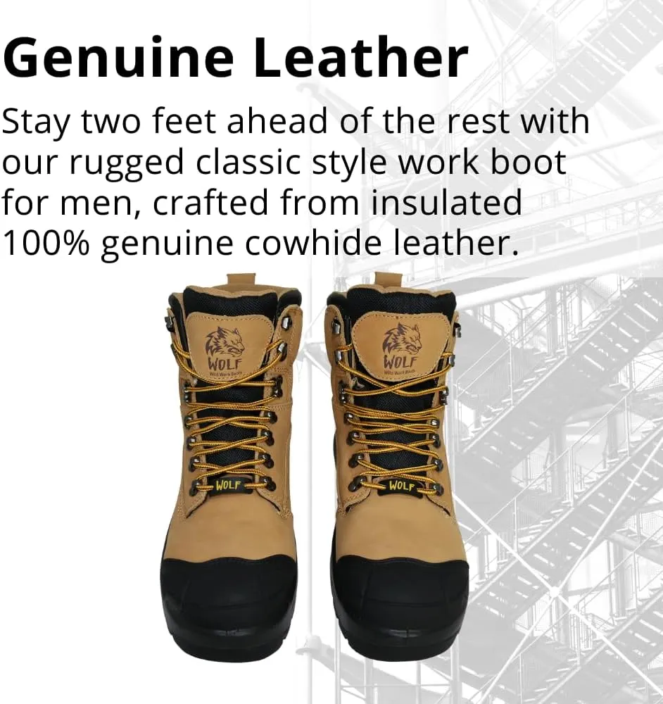 Wolf Work Boot | 100% Waterproof Genuine Upper Leather | Oil, Heat, Chemical, Abrasion Resistant | Electrical Hazards | Non-Slip Rubber Sole | Soft Toe | Padded Collar | Construction | Industrial PPE