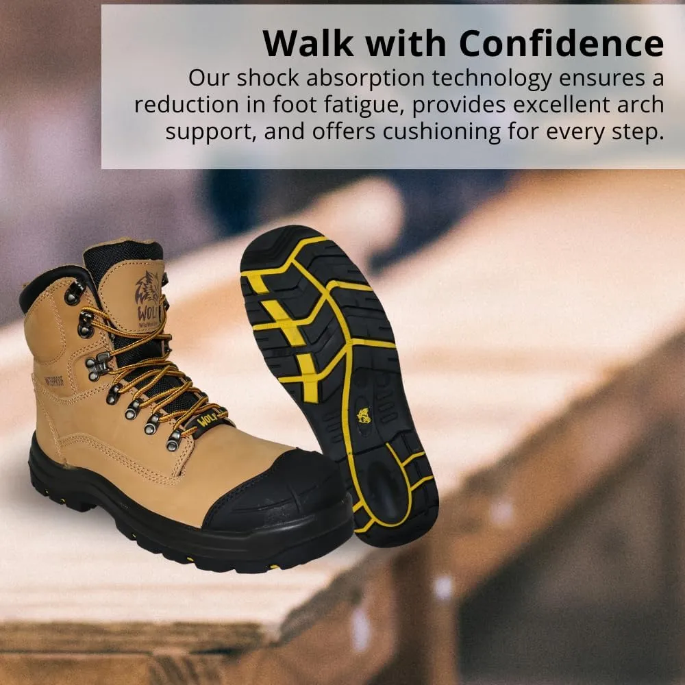 Wolf Work Boot | 100% Waterproof Genuine Upper Leather | Oil, Heat, Chemical, Abrasion Resistant | Electrical Hazards | Non-Slip Rubber Sole | Soft Toe | Padded Collar | Construction | Industrial PPE