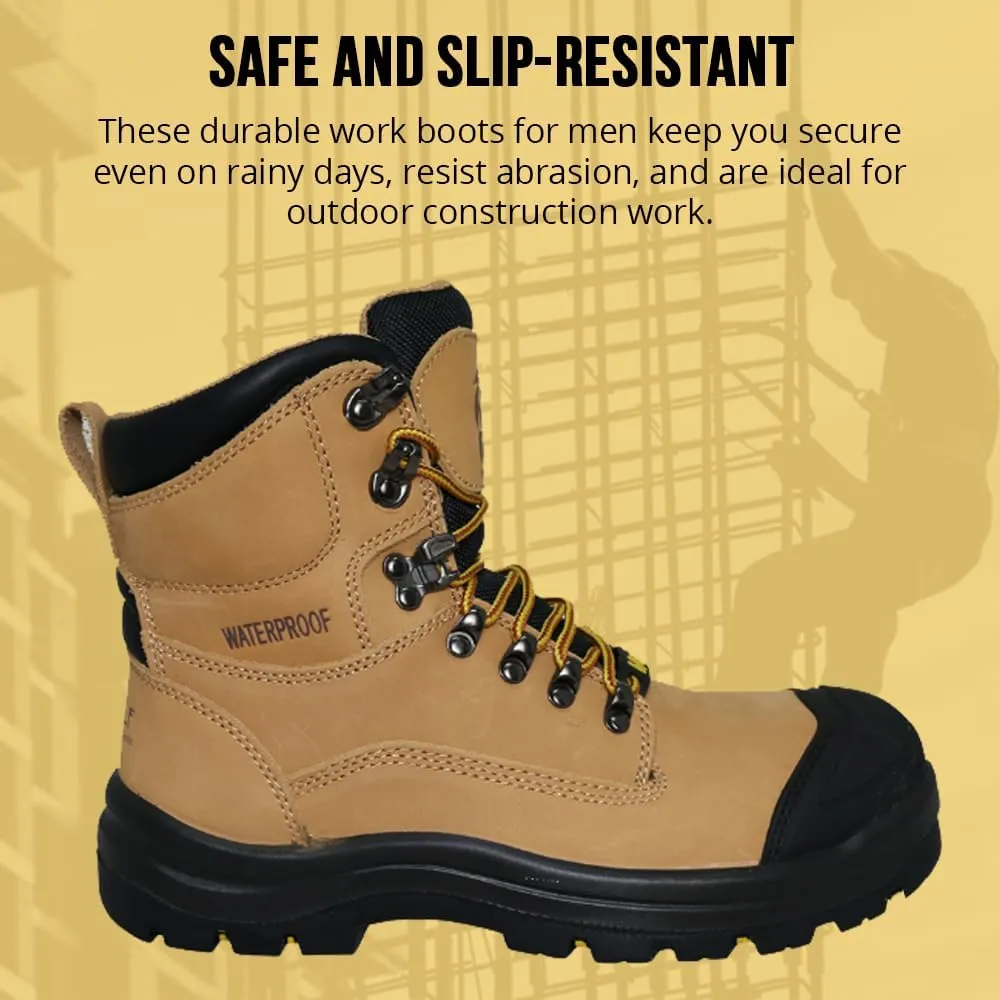 Wolf Work Boot | 100% Waterproof Genuine Upper Leather | Oil, Heat, Chemical, Abrasion Resistant | Electrical Hazards | Non-Slip Rubber Sole | Soft Toe | Padded Collar | Construction | Industrial PPE