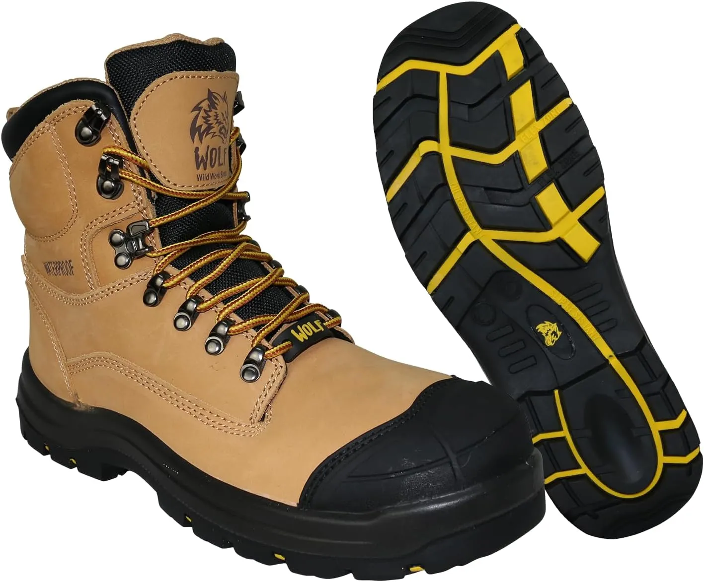 Wolf Work Boot | 100% Waterproof Genuine Upper Leather | Oil, Heat, Chemical, Abrasion Resistant | Electrical Hazards | Non-Slip Rubber Sole | Soft Toe | Padded Collar | Construction | Industrial PPE