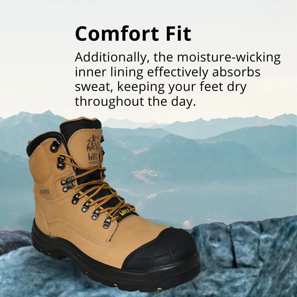Wolf Work Boot | 100% Waterproof Genuine Upper Leather | Oil, Heat, Chemical, Abrasion Resistant | Electrical Hazards | Non-Slip Rubber Sole | Soft Toe | Padded Collar | Construction | Industrial PPE