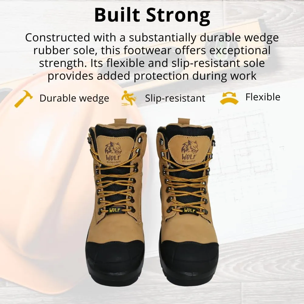 Wolf Work Boot | 100% Waterproof Genuine Upper Leather | Oil, Heat, Chemical, Abrasion Resistant | Electrical Hazards | Non-Slip Rubber Sole | Soft Toe | Padded Collar | Construction | Industrial PPE