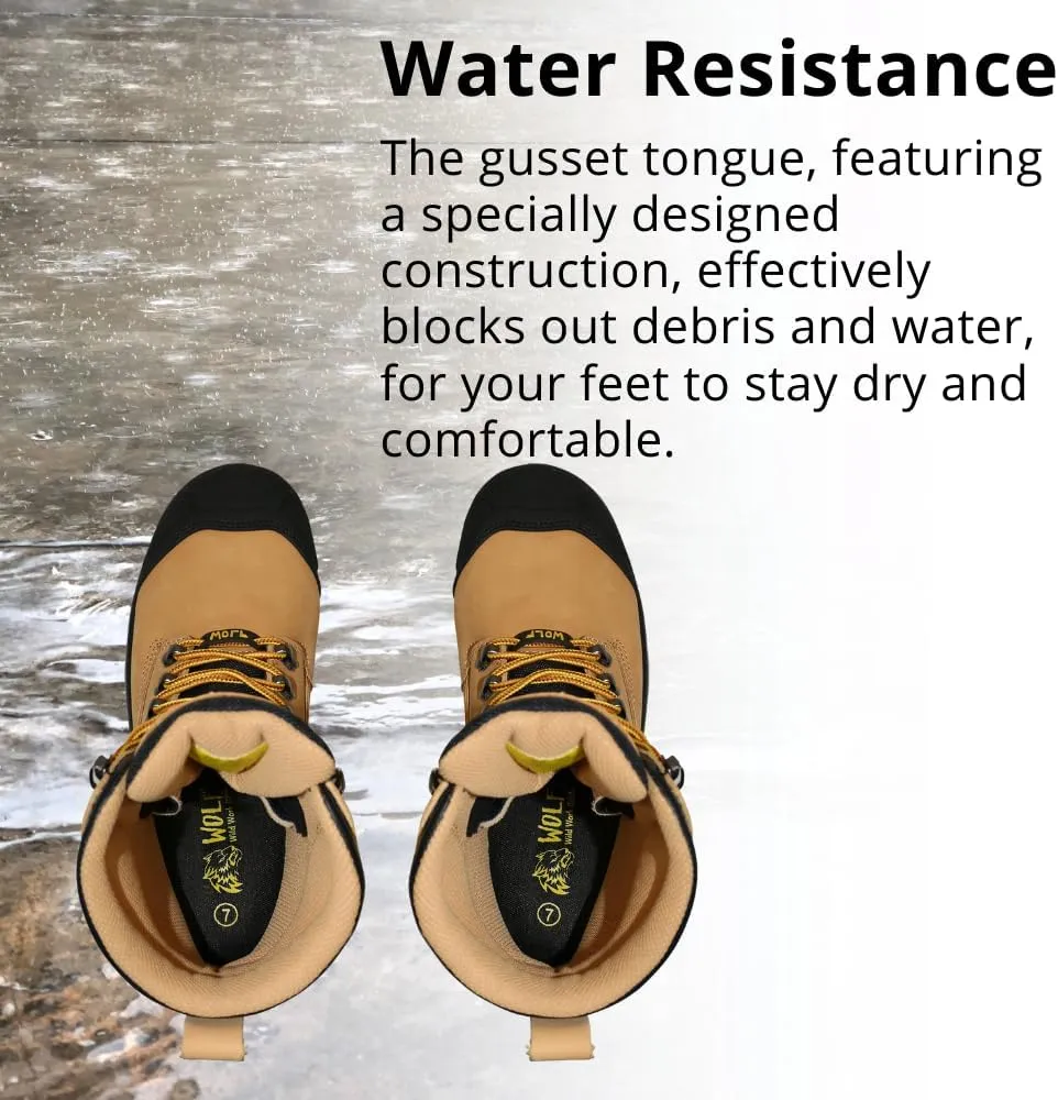 Wolf Work Boot | 100% Waterproof Genuine Upper Leather | Oil, Heat, Chemical, Abrasion Resistant | Electrical Hazards | Non-Slip Rubber Sole | Soft Toe | Padded Collar | Construction | Industrial PPE