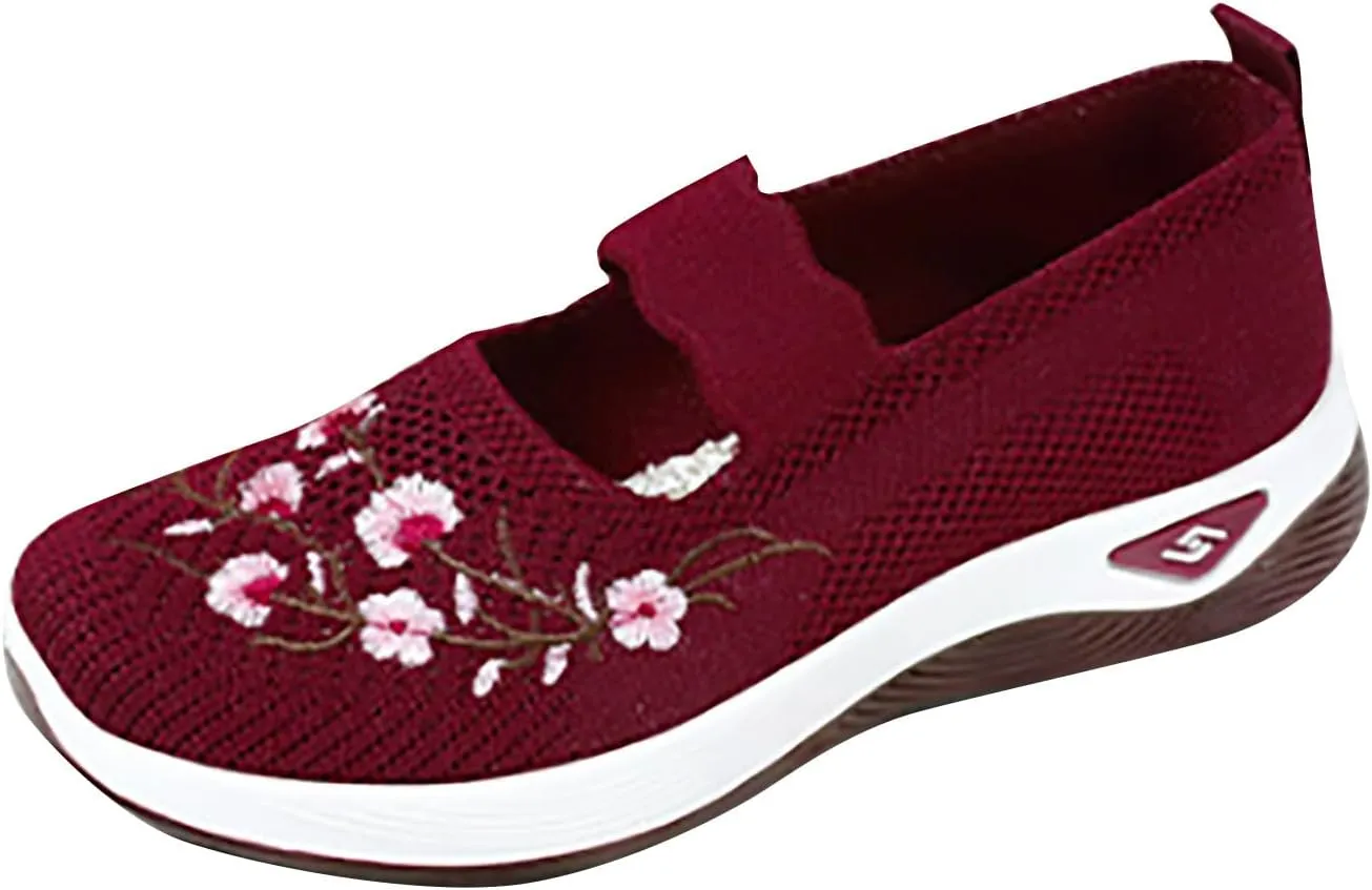 Women Woven Loafers Orthopedic Breathable Soft Shoes Slip On Walking Foam Anti Slip Arch Support Embroidery Sneakers