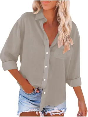 Womens Long Sleeve Button Down Linen Shirts Dressy Causal Plus Size Fall Blouses Loose V Neck Office Work Tunic Tops