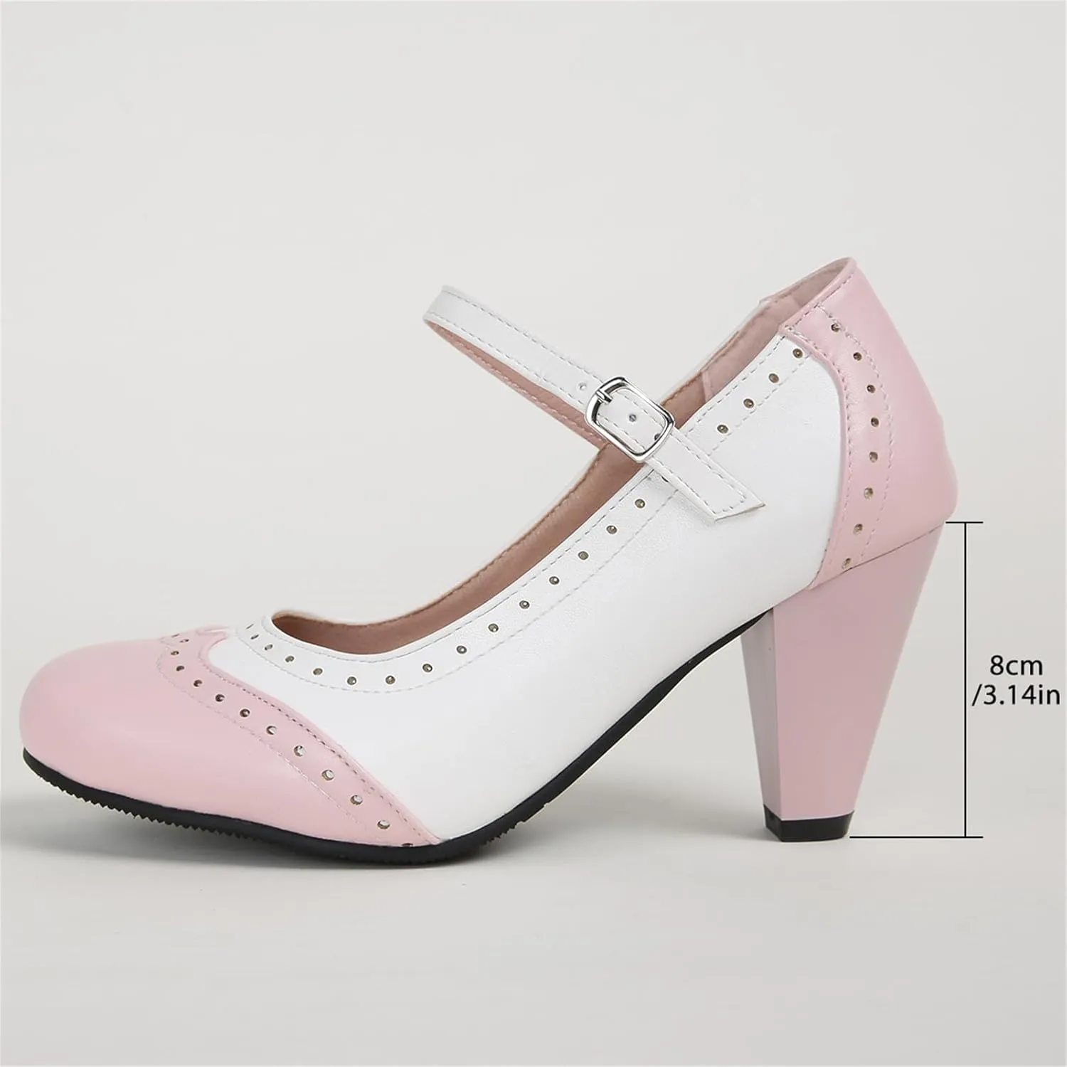Women's Mary Jane Oxford Two Tone Pumps Vintage Round Closed with Ankle Strap Cute Low Kitten Heels Classic Cut-Out Tango Party Office Lady Pumps Dress Shoe