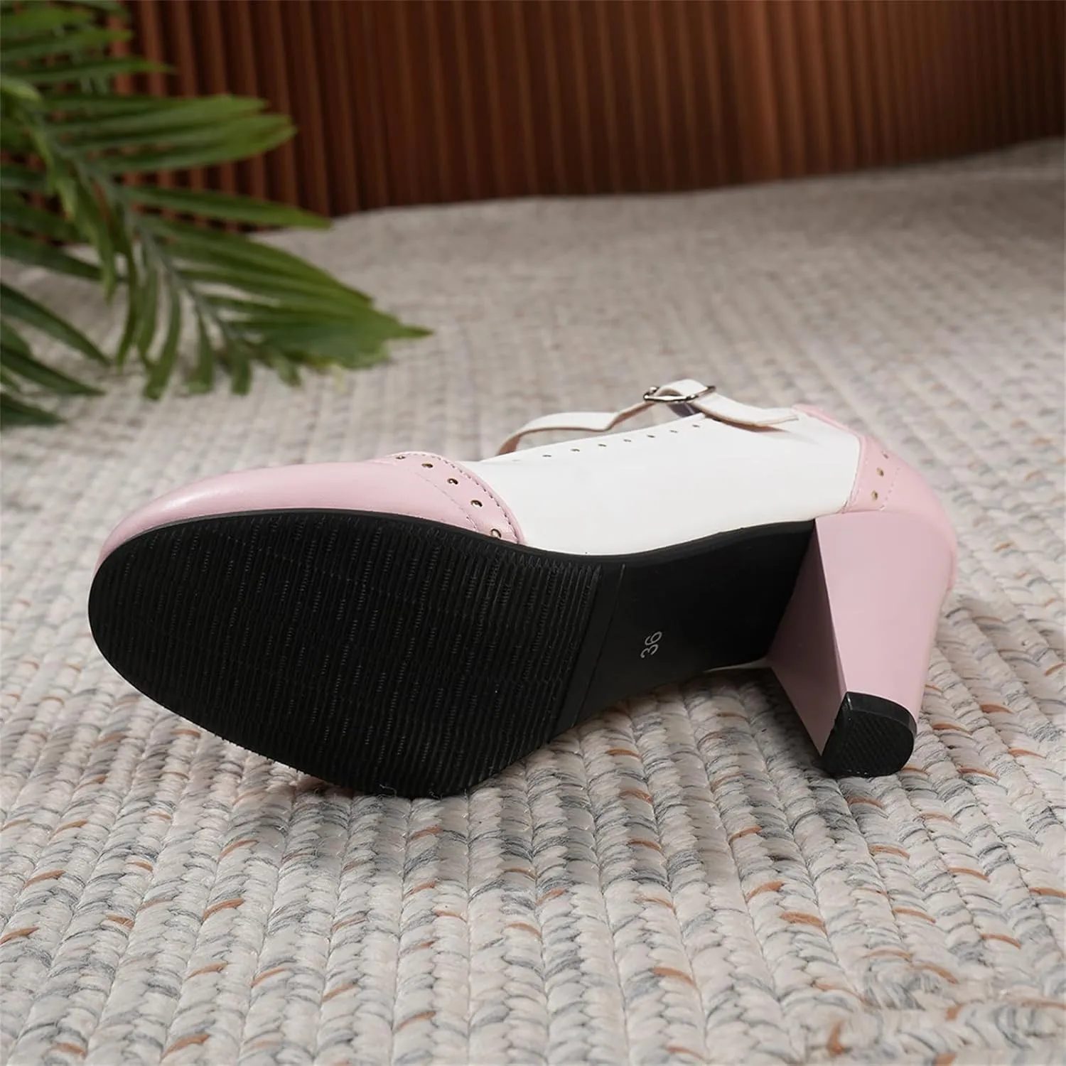 Women's Mary Jane Oxford Two Tone Pumps Vintage Round Closed with Ankle Strap Cute Low Kitten Heels Classic Cut-Out Tango Party Office Lady Pumps Dress Shoe