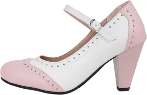 Women's Mary Jane Oxford Two Tone Pumps Vintage Round Closed with Ankle Strap Cute Low Kitten Heels Classic Cut-Out Tango Party Office Lady Pumps Dress Shoe