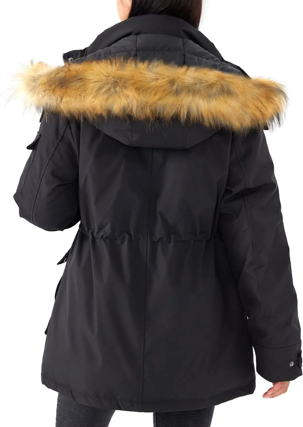 Women's Mid Length Slim Fit Jacket Padded Puffer Warm Coat with Faux Fur Removable Hood
