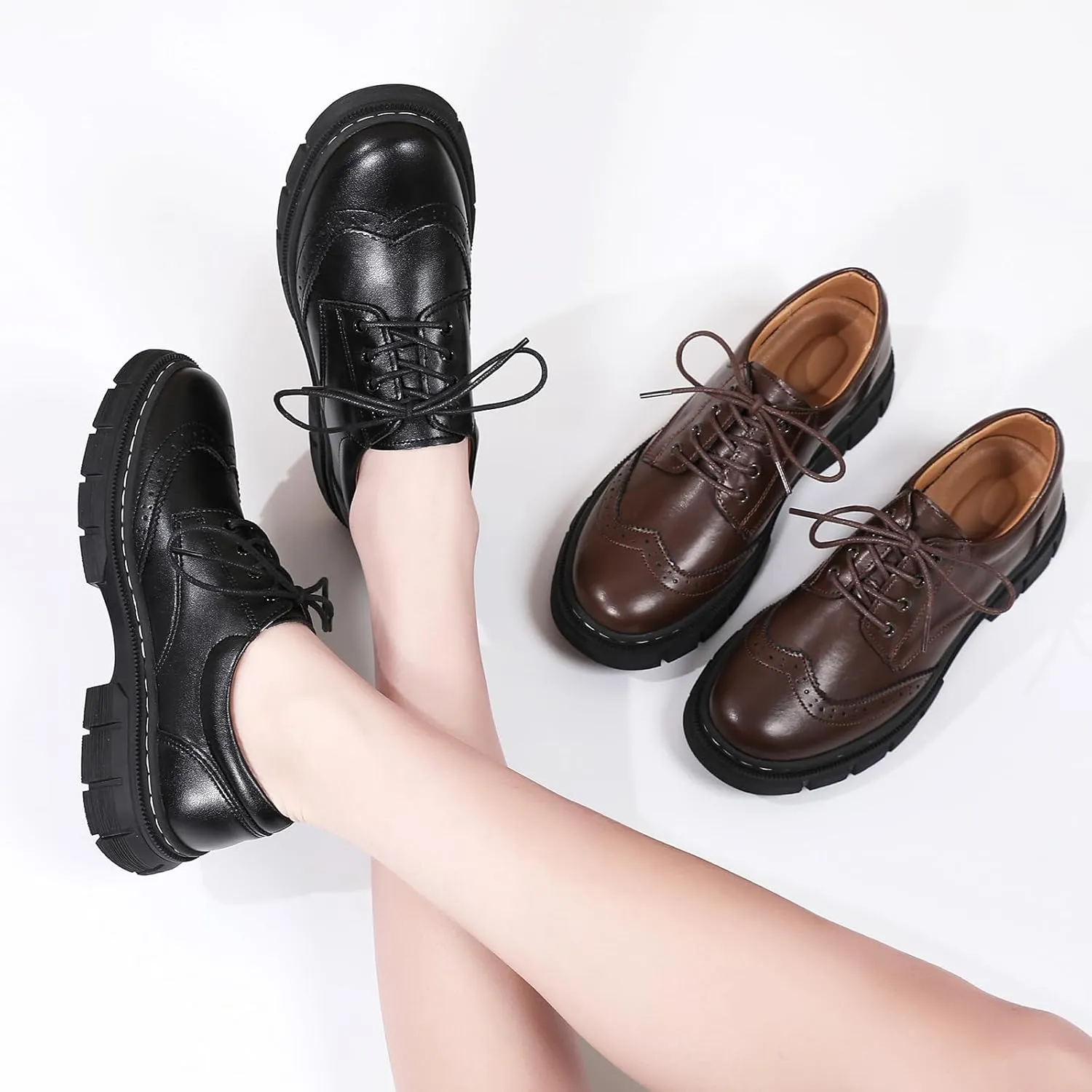 Womens Oxford Shoes Platform Classic Leather Non Slip Dressy Shoes Brogues Style Chunky Comfortable Business Shoes for Work Casual Office