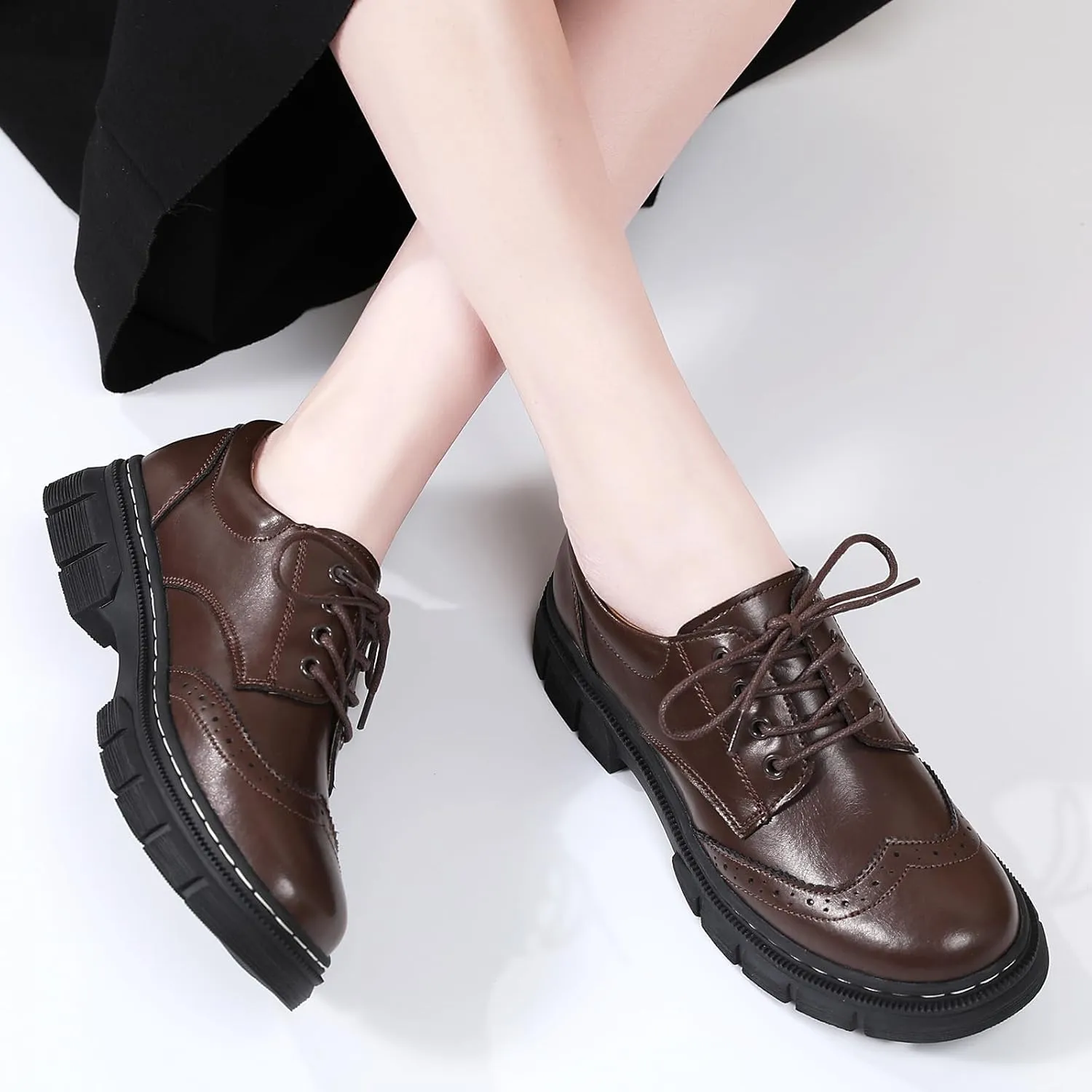 Womens Oxford Shoes Platform Classic Leather Non Slip Dressy Shoes Brogues Style Chunky Comfortable Business Shoes for Work Casual Office
